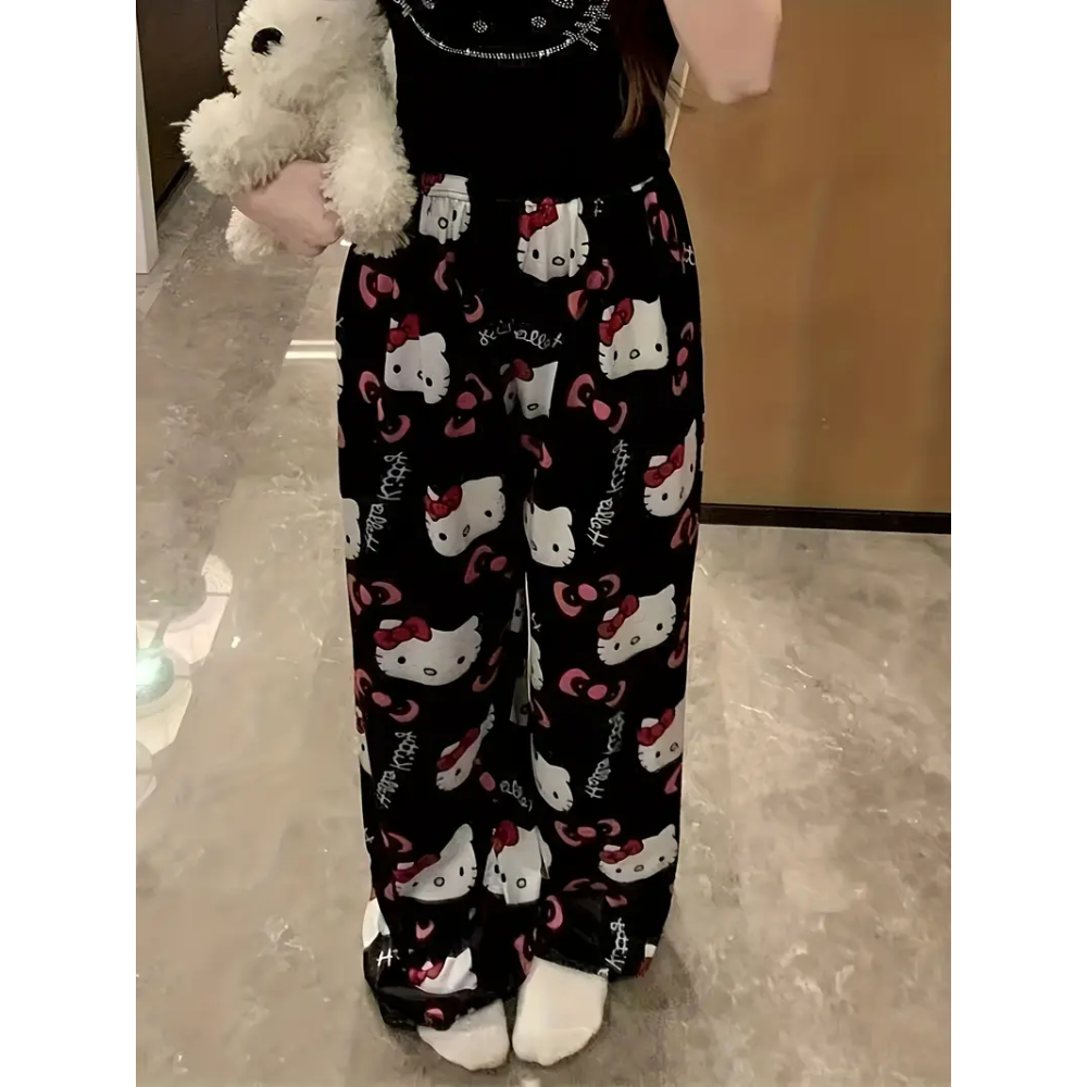 Letnie spodnie piżamowe Hello Kitty – czarne